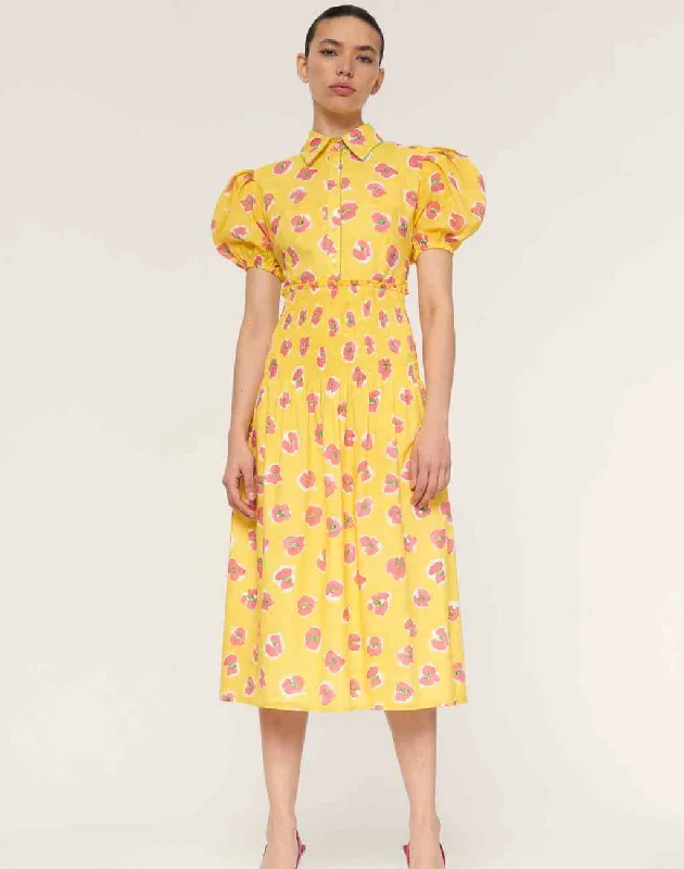 Begonia Print Mote Dress with Puffed Sleeves and Shirred Waist