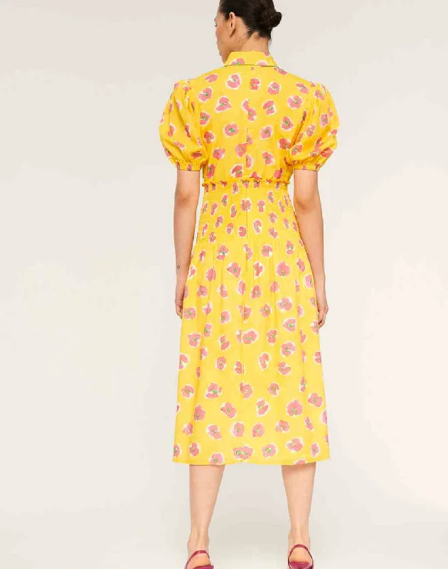 Begonia Print Mote Dress with Puffed Sleeves and Shirred Waist