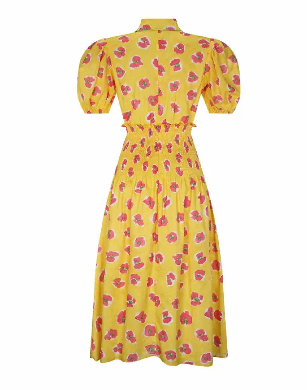 Begonia Print Mote Dress with Puffed Sleeves and Shirred Waist