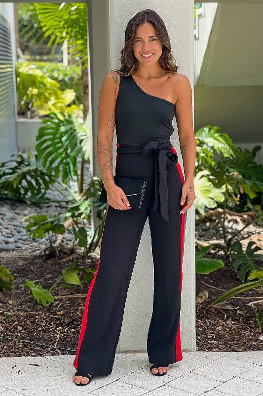 Black One Shoulder Jumpsuit With Tie Belt