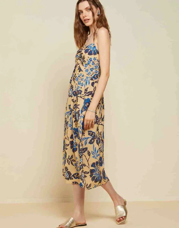 Cotton Midi Dress with Floral Print and Halter Neck Ties