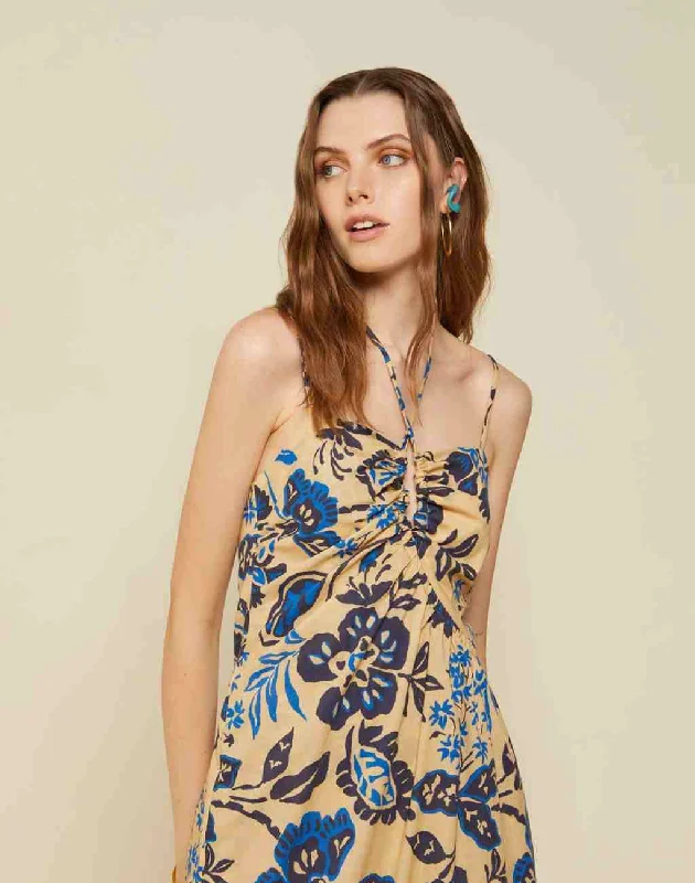 Cotton Midi Dress with Floral Print and Halter Neck Ties