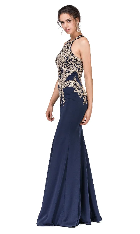 High-Neck Long Formal Dresses with Gold Details