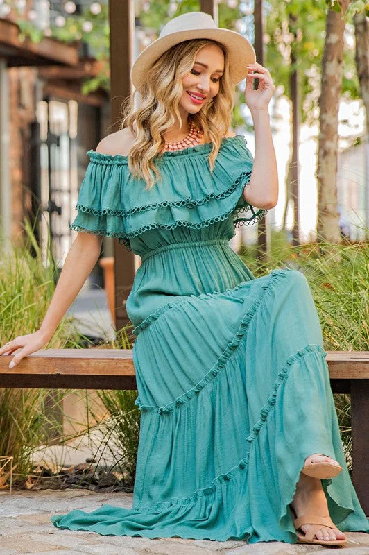 Off-the-Shoulder Tiered Long Casual Maxi Dress