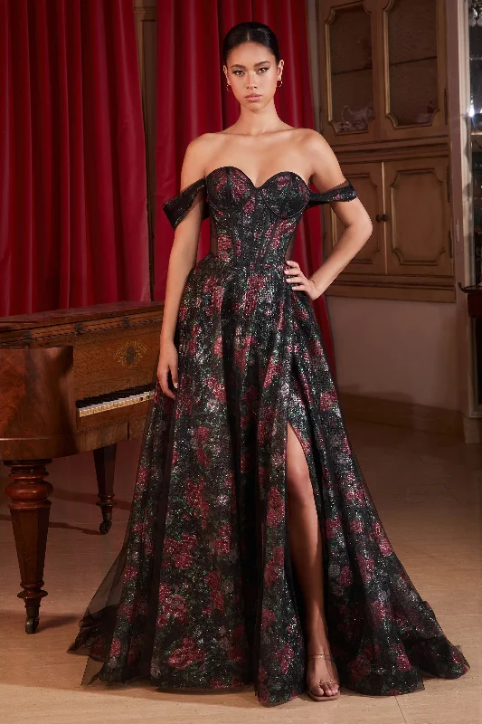 Floral Print Off Shoulder Corset Slit Gown by Ladivine CD806