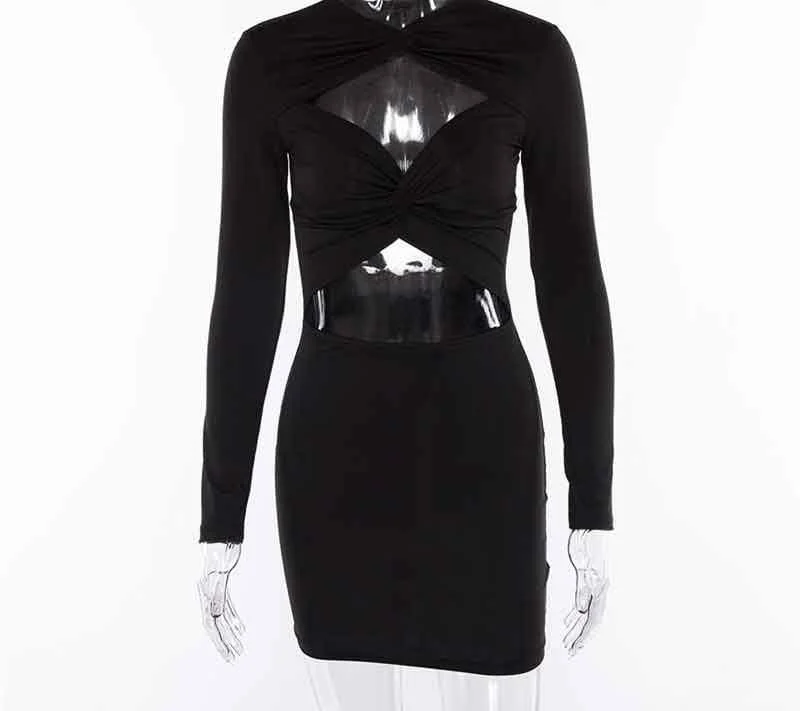 Hollow Long Sleeve O Neck Ruched Black Mini Dress