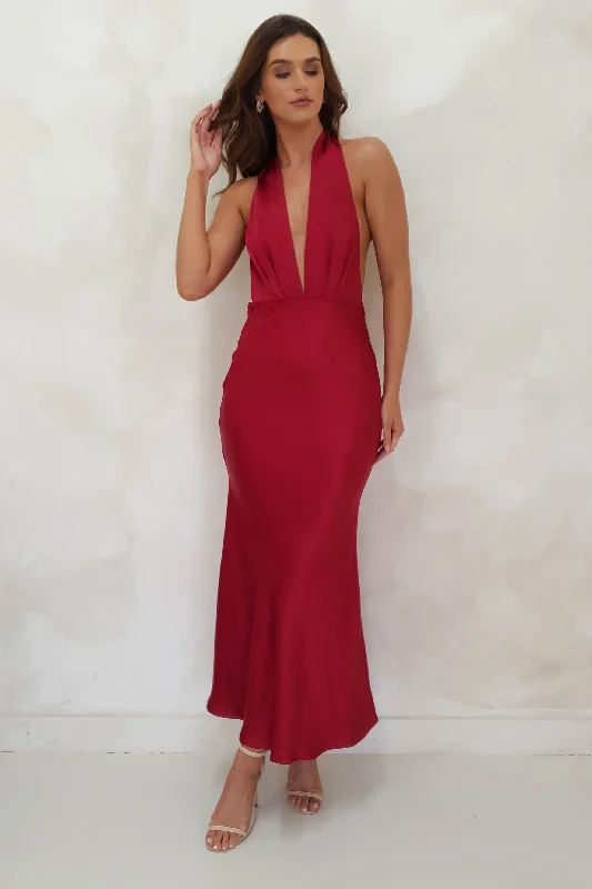 Kaylah Satin Halter Neck Maxi Dress | Red