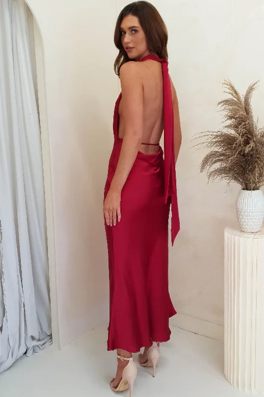 Kaylah Satin Halter Neck Maxi Dress | Red