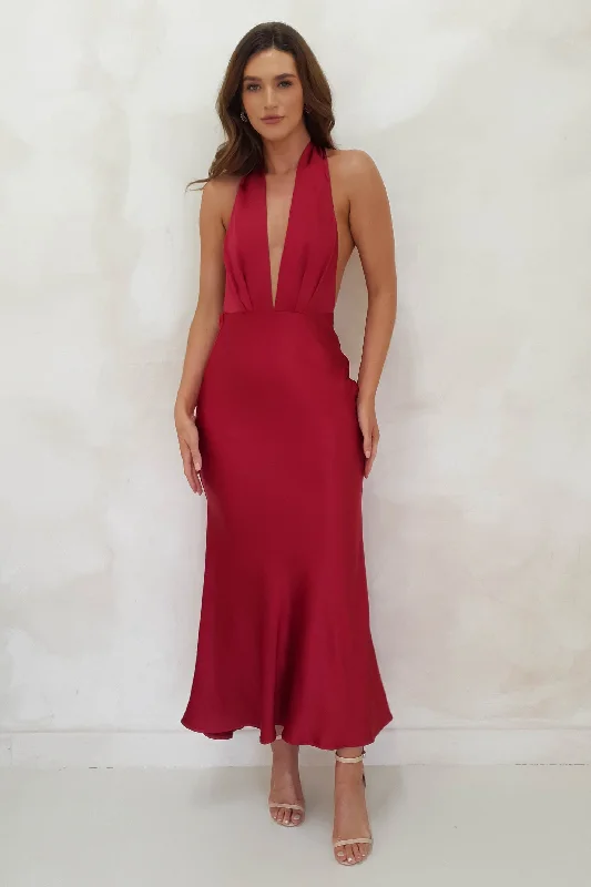 Kaylah Satin Halter Neck Maxi Dress | Red