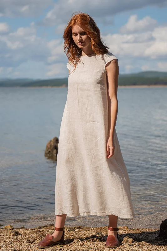 Linen Midi Dress with Cap Sleeves in Natural