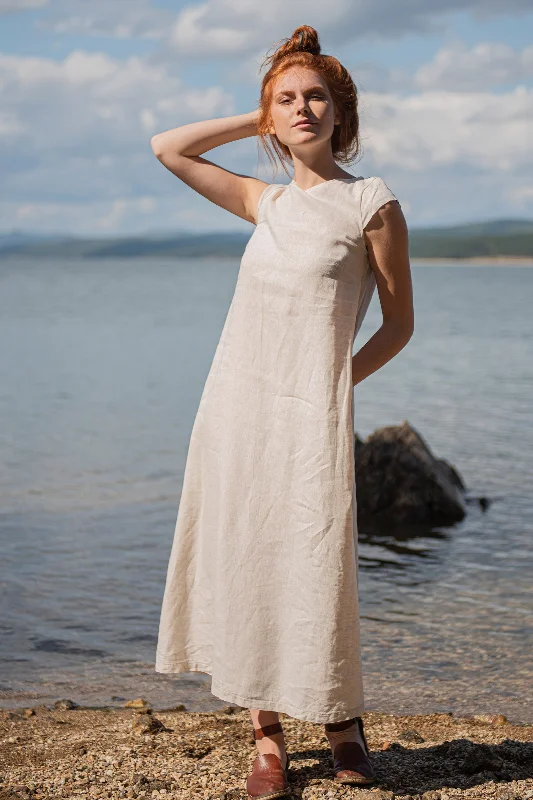 Linen Midi Dress with Cap Sleeves in Natural