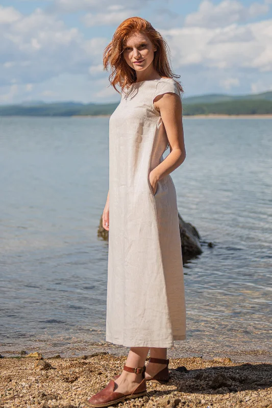 Linen Midi Dress with Cap Sleeves in Natural