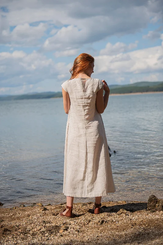 Linen Midi Dress with Cap Sleeves in Natural