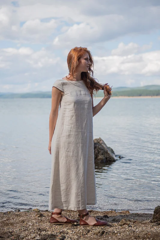 Linen Midi Dress with Cap Sleeves in Natural