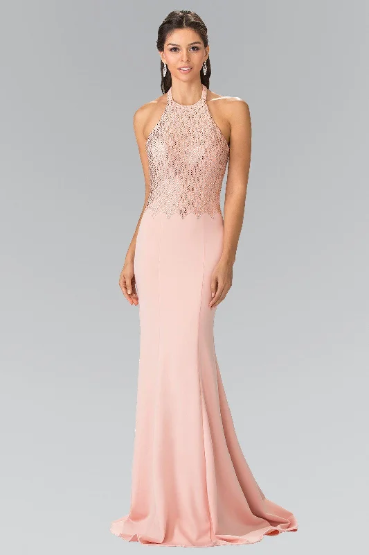 Long Beaded Jersey Halter Dress by Elizabeth K GL2285