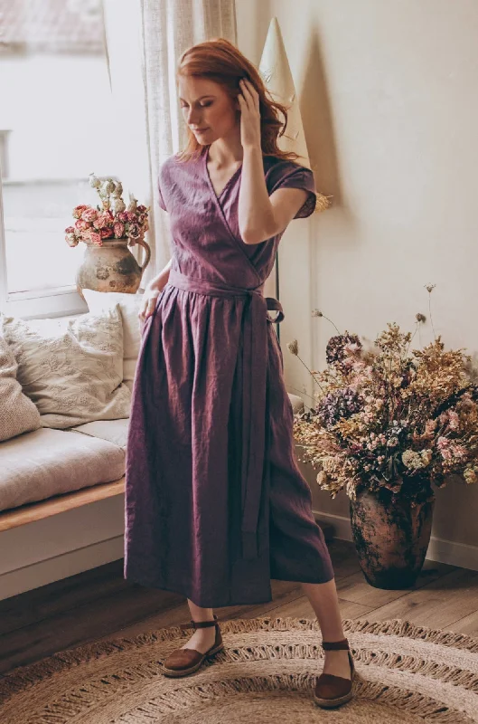 Midi Length Linen Wrap Dress with Cap Sleeve