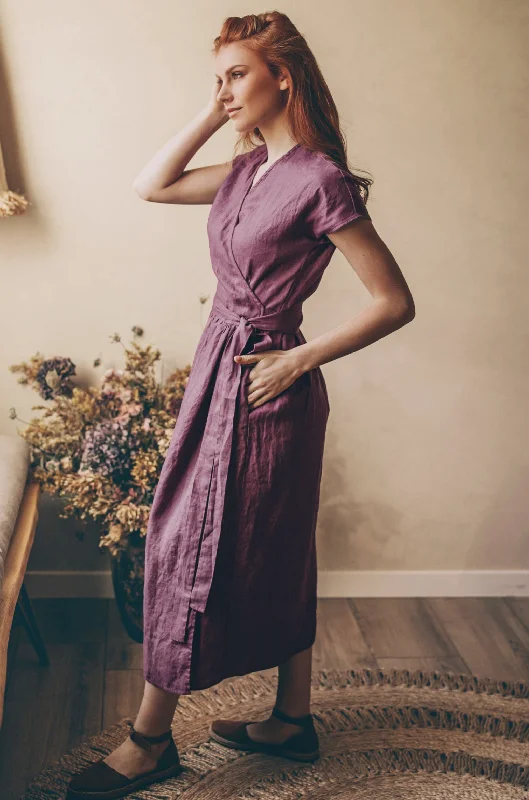 Midi Length Linen Wrap Dress with Cap Sleeve