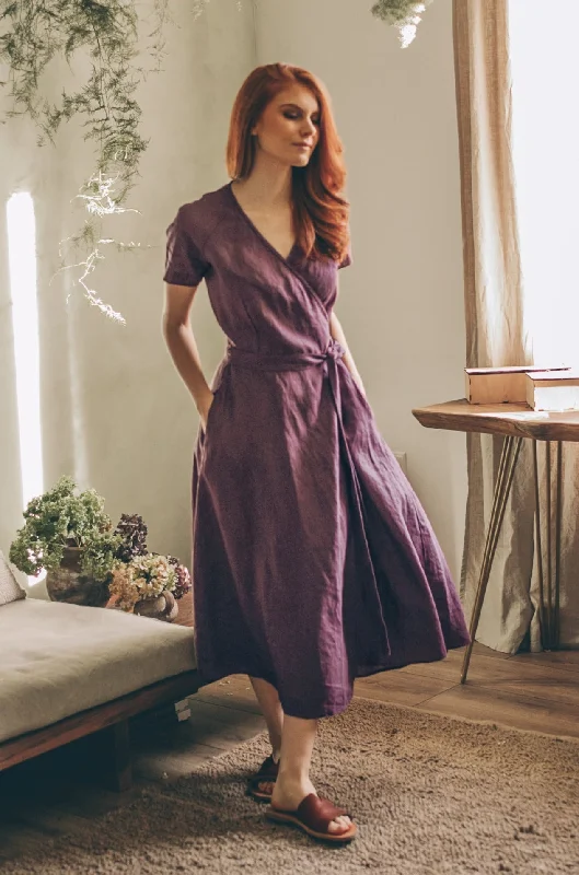 Midi Length Linen Wrap Dress with Short Sleeves