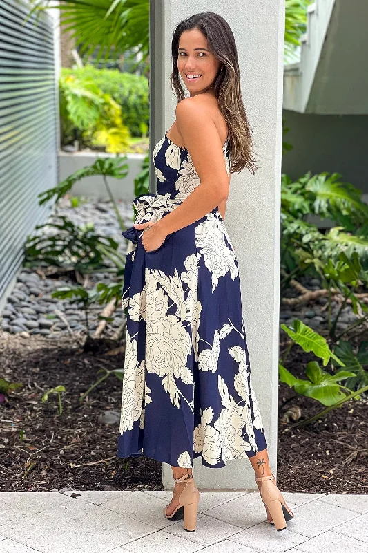 Navy And White Printed One Shoulder Dress