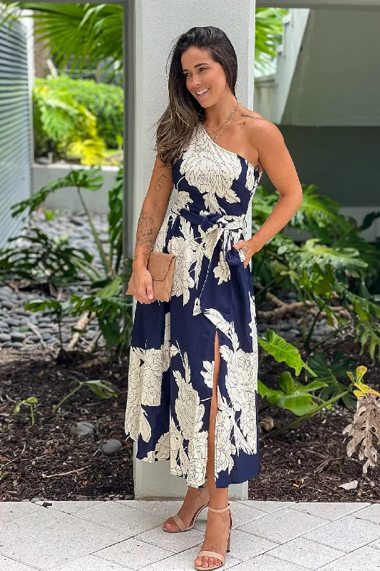 Navy And White Printed One Shoulder Dress