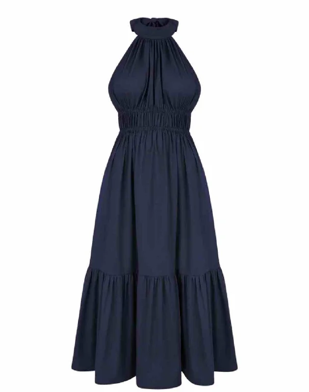 Navy Harper Midi Halter Dress with Smocked Waist