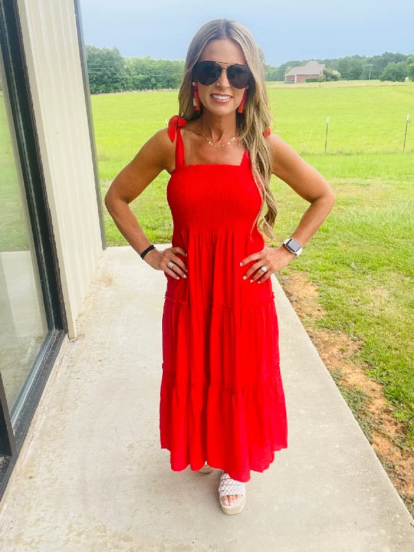 OCEAN BREEZE IN RED MIDI DRESS