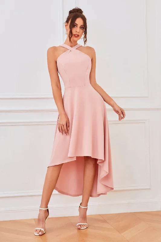 Pink A Line Halter High Low Homecoming Dress