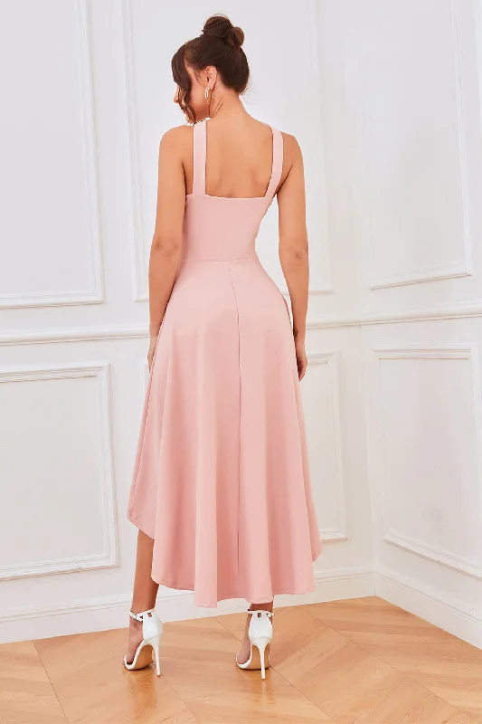 Pink A Line Halter High Low Homecoming Dress