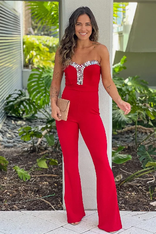 Red Strapless Jumpsuit With Details