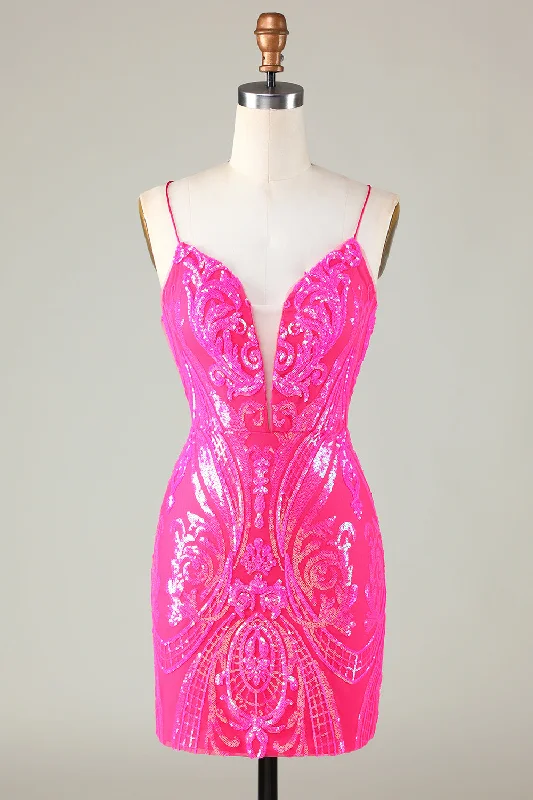 Trend Hot Pink Lace Up Tight Glitter Homecoming Dress