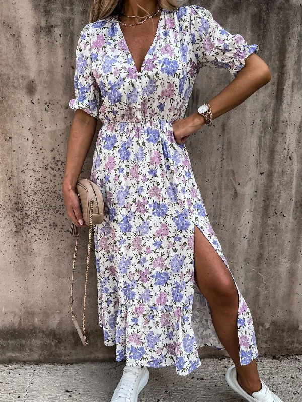 V-neck Print Split Long Dress