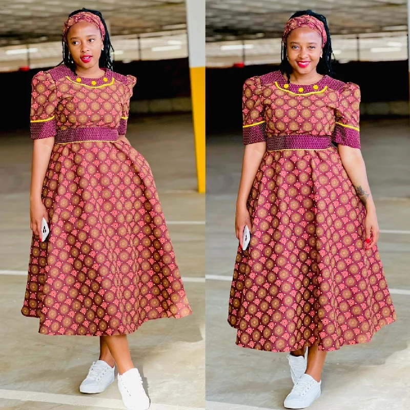 Round Neck Three-quarter Sleeve Ankara Dress