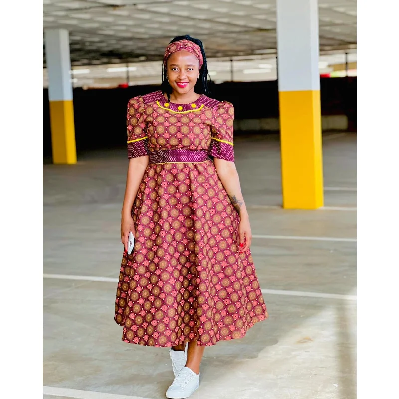 Round Neck Three-quarter Sleeve Ankara Dress