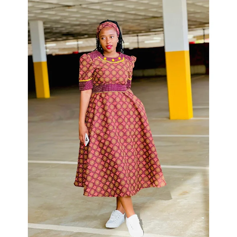 Round Neck Three-quarter Sleeve Ankara Dress