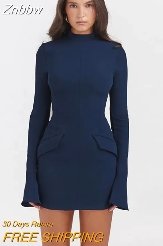 Znbbw Dark Blue Solid High Waist Mini Dress Women Fashion Pocket decora Long Sleeve Bodycon Dresses 2023 Chic Party Club Robes 0410