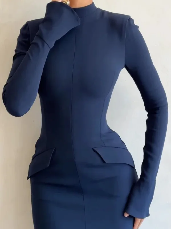 Znbbw Dark Blue Solid High Waist Mini Dress Women Fashion Pocket decora Long Sleeve Bodycon Dresses 2023 Chic Party Club Robes 0410