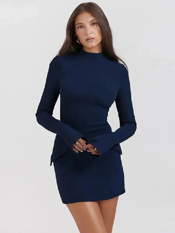 Znbbw Dark Blue Solid High Waist Mini Dress Women Fashion Pocket decora Long Sleeve Bodycon Dresses 2023 Chic Party Club Robes 0410