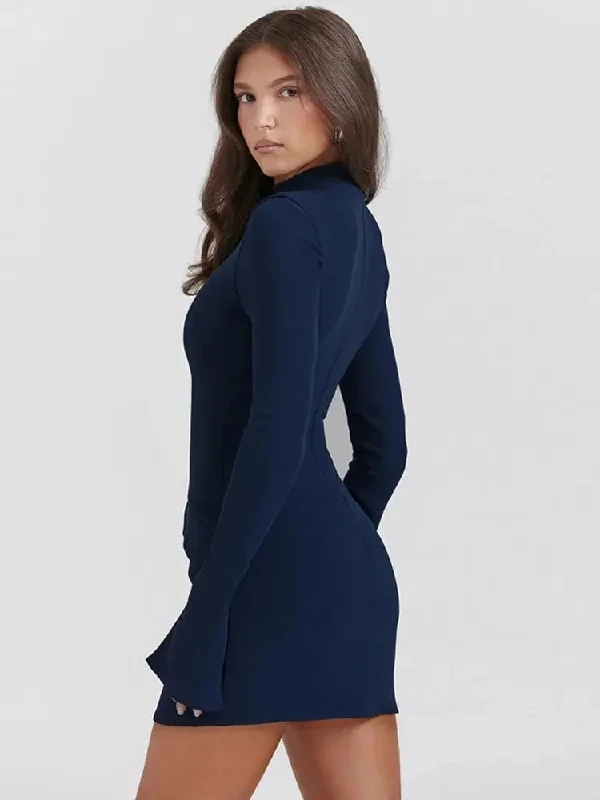 Znbbw Dark Blue Solid High Waist Mini Dress Women Fashion Pocket decora Long Sleeve Bodycon Dresses 2023 Chic Party Club Robes 0410