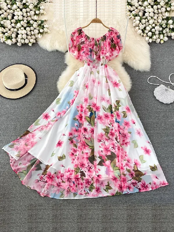 Znbbw New Ruffled One-word Collar Print Worn Twice Long Dress High Waist Thin Super Fairy Big Swing Vestidos Women D1505