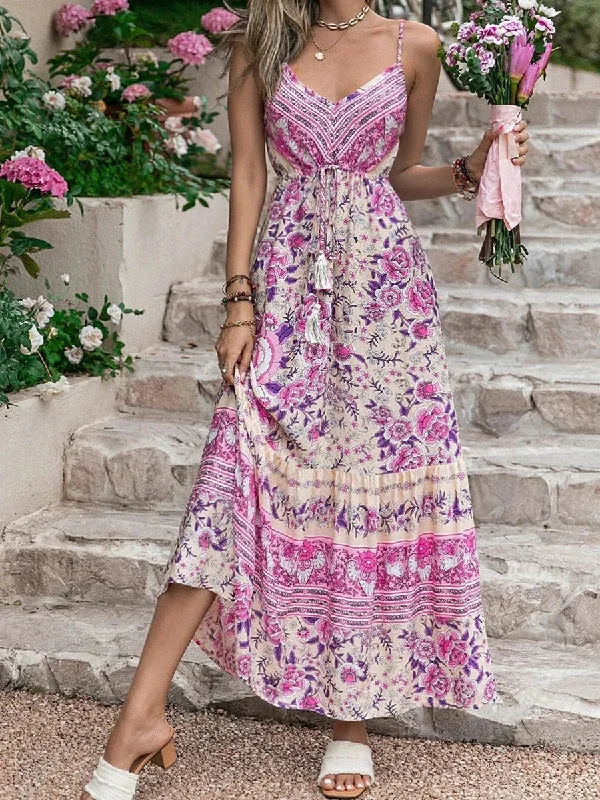 Znbbw Summer Women Sexy Spaghetti Strap Holiday Floral Print Bohemian Dresses Beach Sundress Elegant Sling Party Dresses