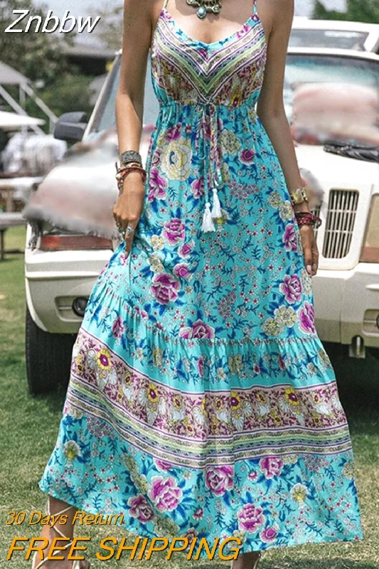 Znbbw Summer Women Sexy Spaghetti Strap Holiday Floral Print Bohemian Dresses Beach Sundress Elegant Sling Party Dresses