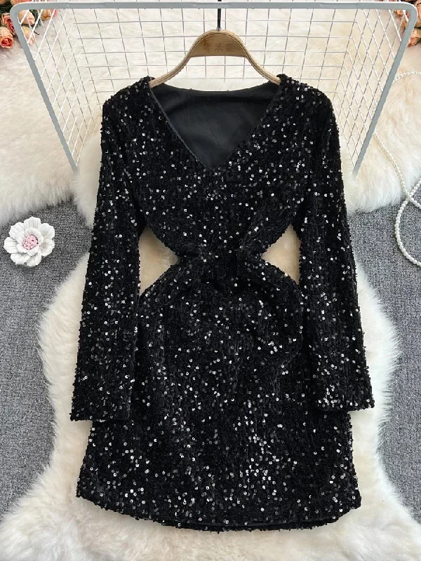 Znbbw Women Autumn Winter Fashion Ladies Temperament Slim Slimming V-neck Long-sleeved Sequined Hip Dress Vestidos Female D0571