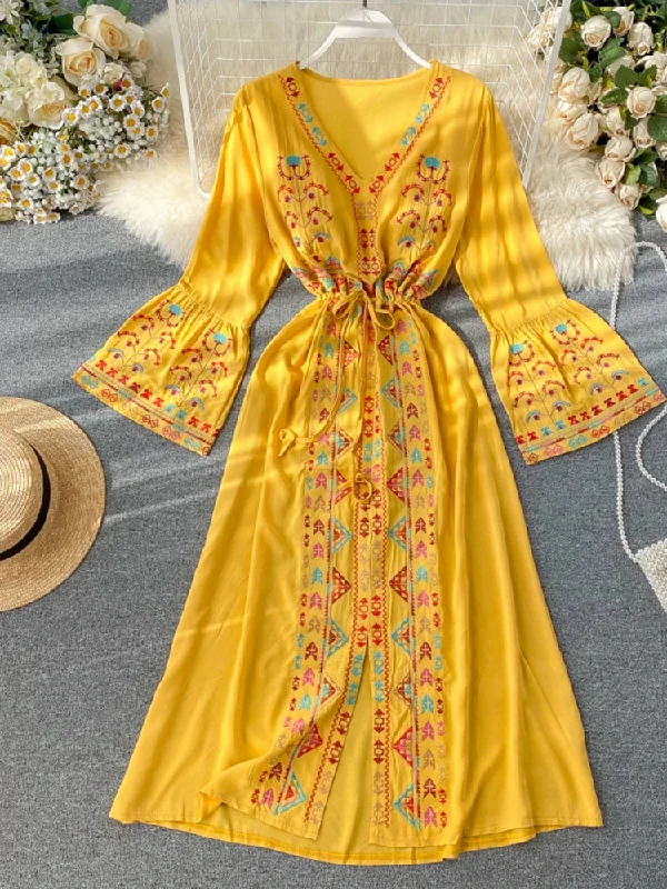 Znbbw Women's Dress Heavy Industry Embroidery V-neck Drawstring Trumpet Sleeves Ethnic Style Thin Waist Long Dresses LL040