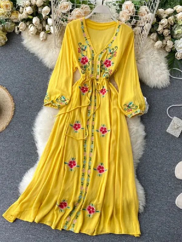 Znbbw Women's Dress Travel Photography Holiday Long Dress New Retro Ethnic Style Embroidered V-neck Lantern Sleeve Dress ML1034